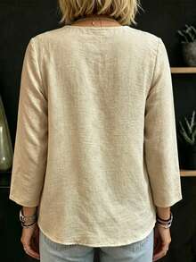 Linhara CURVE Plus Size Khaki Shirt With Bow Tie Detail, Long Sleeve V-Neck Loose Fit Fashion Versatile Casual Comfortable Spring Autumn Daily Design Base Layer - Khaki - View 2