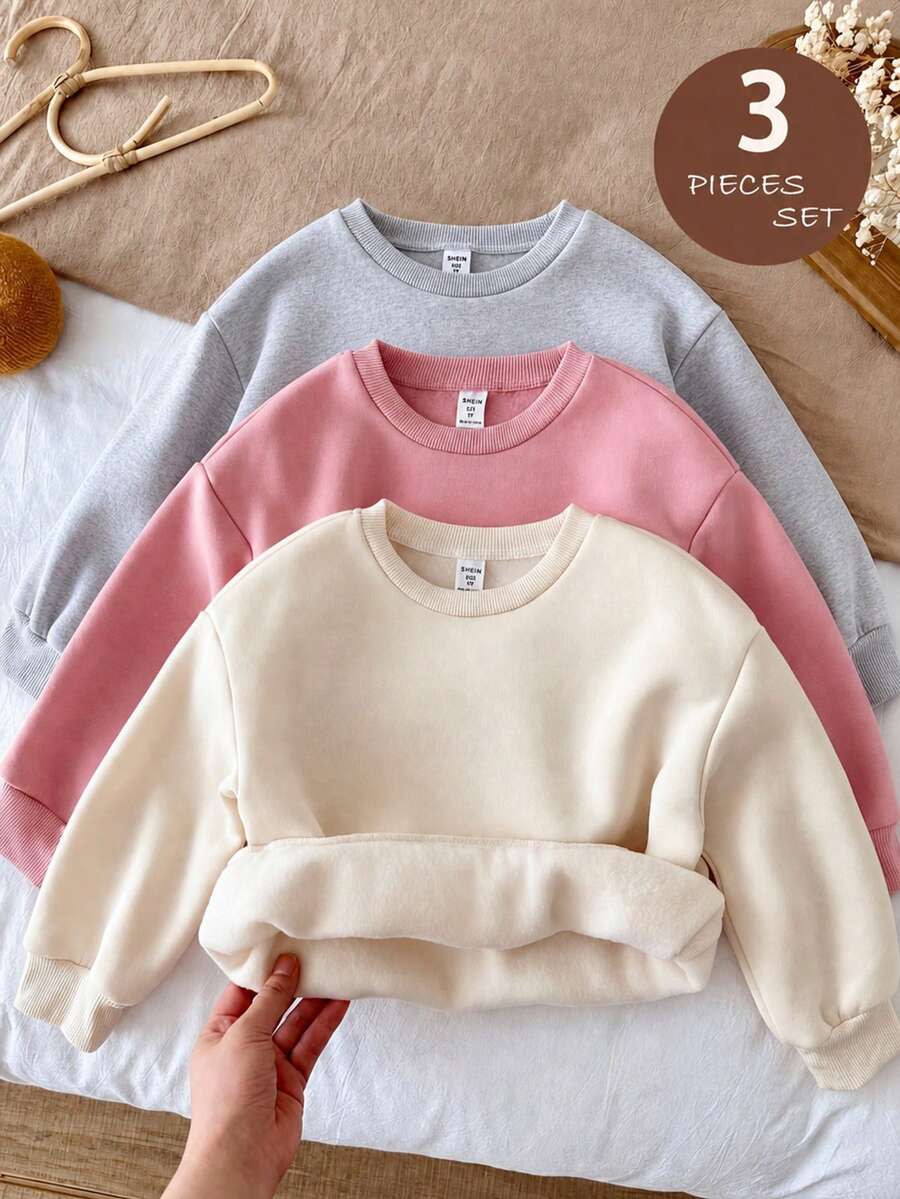 SHEIN LMoss Kids 女童 3 件組針織純色圓領寬鬆休閒秋季運動衫套裝 - 彩色 - 查看 1