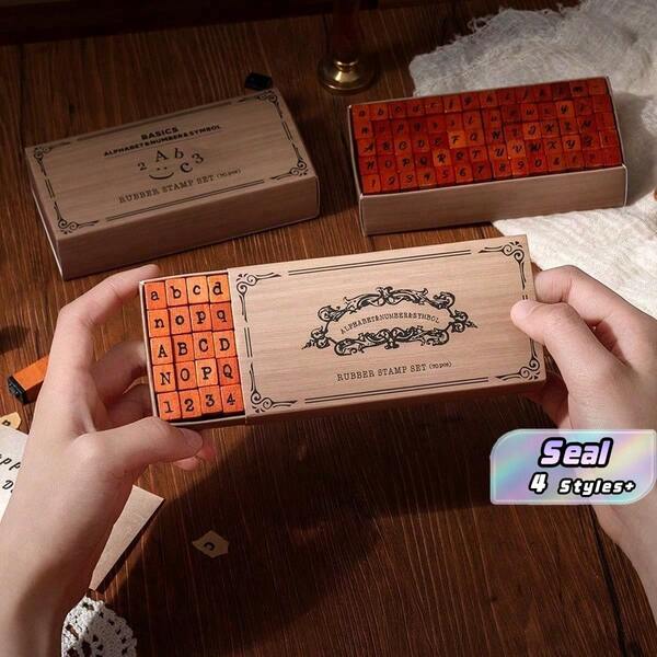 [4 Styles Available] 70pcs/Box Wooden Stamp Set,Uppercase & Lowercase Letters + Numeric Symbols,DIY Creative Stationery, Handmade Gift