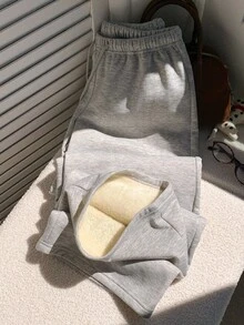 SHEIN PETITE CURVE 大尺碼秋冬休閒保暖內裡運動長褲 - 淺灰色 - 查看 5