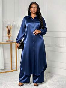 SHEIN Lady Plus Size Women Solid Color Single-Breasted Long Sleeve Top And Pants Casual Daily 2 Pieces Set Fall - Navy Blue - View 5