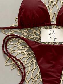 Swim Vcay 2件組女款白色比基尼泳衣套裝，手工編繩泳裝 - 酒紅色 - 查看 4