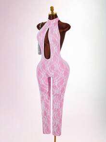 Amplova Women's Lace Cutout Design Sexy Halter Neck Jumpsuit - Pink - View 7