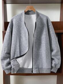 SHEIN 青少年男孩休閒街頭風可愛百搭紋理格紋棒球夾克，返校季，秋冬灰色 - 灰色 - 查看 7