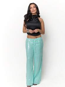 Dania Mndz Shop Atasan Cami Satin Tanpa Punggung Kerah Tinggi Wanita Terbaru untuk Pesta, Sehari-hari, Kantor, Jalan-jalan, Kasual Musim Semi/Panas Warna Hitam - Hitam - View 7
