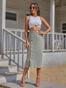 Jeanoix Petite Rok Denim Panjang Kasual Wanita Model Kancing Tunggal Gaya Y2K - Dusty Blue - View 9