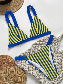 SHEIN Swim 女款夏季度假休閒海灘穿著 紅藍條紋印花兩件式比基尼套裝 綁帶式泳衣 - 彩色 - 查看 5