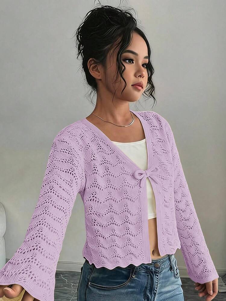 SHEIN ティーンガールズ ホローアウト ニットカーディガン、淡い黄色
