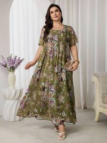 Al Najma Plus Size Women Floral Print Ruched Short Sleeve Arabic Style Dress - Multicolor - View 2