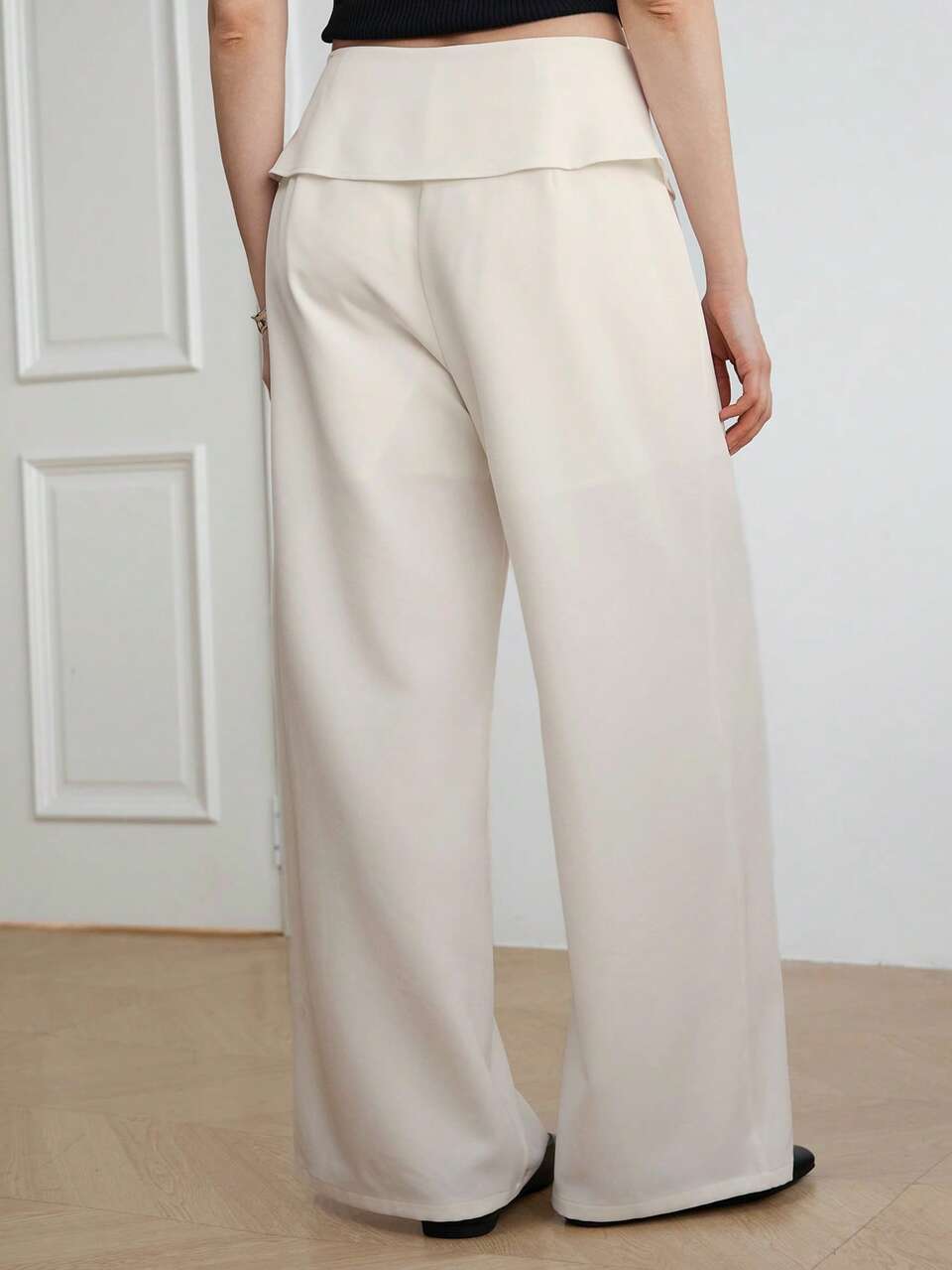 High Waist White Solid Color Ruffle Waist Design Loose Wide Leg Casual Women's Long Pants