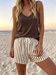 Comfylo Casual Vacation Style Chocolate Brown Beige Spaghetti Strap Tank Top And Matching Shorts Women's Round Neck 2-Piece Set Suitable For Summer Beach - Brown - View 8