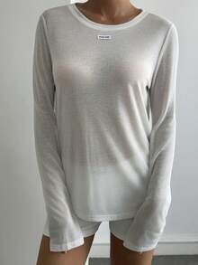 Livesso Tall Women's Round Neck Long Sleeve Semi-Sheer Pullover T-Shirt With Woven Label Decoration Fall - White - View 3