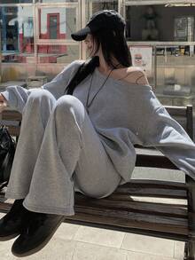 Dazy Tall Women's Asymmetric Shoulder Loose Long Sleeve Pullover Sweatshirt And Loose Pants Casual 2 Pieces Set Fall - Grey - View 6