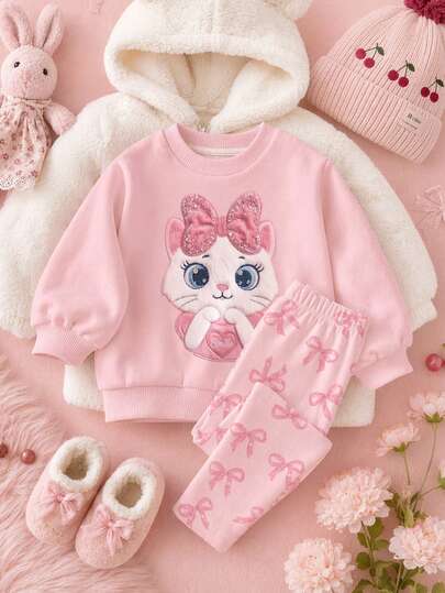 Cream Pink, Soft Sweet Glitter Bow Cartoon Cat Plush Applique Embroidery Pattern, Baby Girl Casual Soft Comfortable Loose Round Neck Pullover Sweatshirt And Casual Brushed Leggings 2-Piece Set, Suitable For Autumn/Winter Daily, Back To School, New Season, Sweet Girly