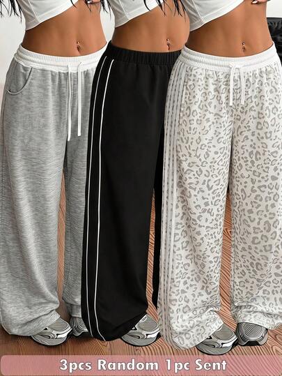 SHEIN Damskie sportowe spodnie casual dla dziewcząt tween, czarne, luźne, z elastycznym pasem, outfit do szkoły, modny basic, uniwersalne na co dzień, w stylu amerykańskiego college'u, z białym kontrastowym wykończeniem, szerokie nogawki, dresowe, dziecięce, z wysokim stanem, elastycznym pasem ze sznurkiem, lejące, do ziemi, dla uczennic szkół podstawowych i średnich, na ulicę, taniec i bieganie, uniwersalne długie spodnie sportowe