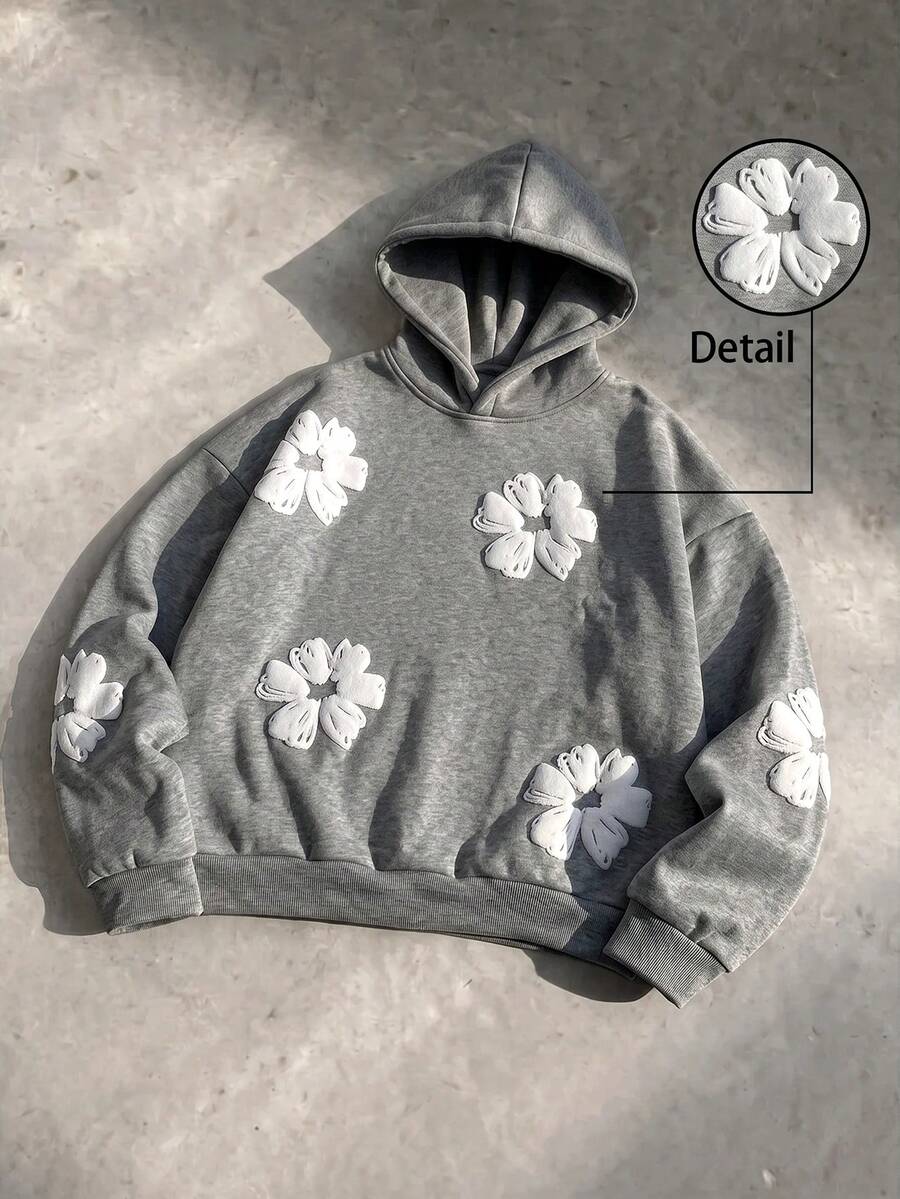 SWAVVY Men's Spring/Autumn Casual Loose Fit Black Hoodie Sweatshirt With All-Over Print - Light Grey - View 1