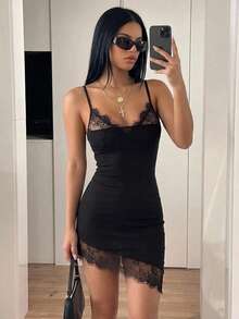 SHEIN ICON Women's Black Party Club Night Out Wedding Guest Sexy Hot Girl Lace Patchwork Cami Dress Halloween Summer - Black - View 1