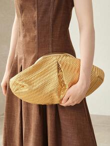 MOTF WOMEN'S FASHION PLEATED CLUTCH BAG, EXQUISITE SIMPLE GOLD WOVEN PU BAG, FOR DAILY, DATING, VACATION, SHOPPING, COMMUTING - Gold - View 7