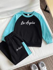 Boys Korean Style Minimalist Black & Grey Colorblock Raglan Sleeve Crew Neck Sweatshirt With Matching Colorblock Loose Sweatpants Set, Spring Daily Outfit - Black - View 1