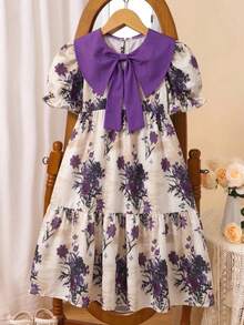 SHEIN Vintaside Kids 少女夏季海灘度假花卉印花洋裝 - 淡紫色 - 查看 3