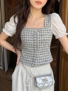 DAZY Women's Contrast Color Block Short Sleeve Front Button Simple Casual Shirt Plaid Babydoll Top - Blue - View 4