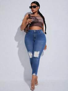 Slaydiva Celana Jeans Slim Fit Kasual Ukuran Besar dengan Efek Lusuh dan Pudar - Medium Wash - View 5