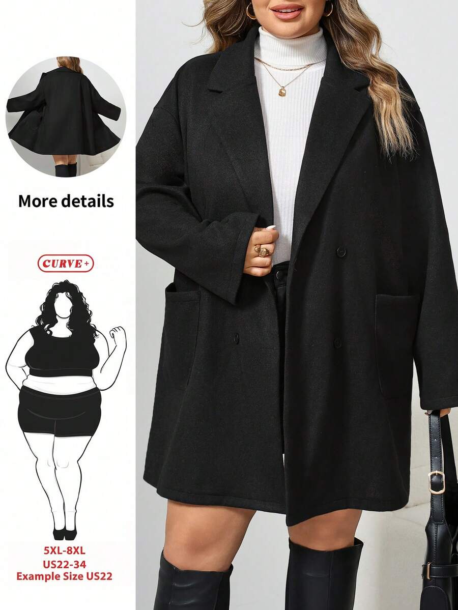 SHEIN CURVE+ Plus Size Casual Versatile Wool Blend Coat, Autumn/Winter - Black - View 1