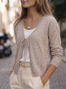 SHEIN Casual Loose V-Neck Long Sleeve Knit Front Tie Design Khaki Women's Spring/Autumn Thin Cardigan,Going Out Top,Fall Outfits,Basic Tops,Social Tops - Khaki - View 6
