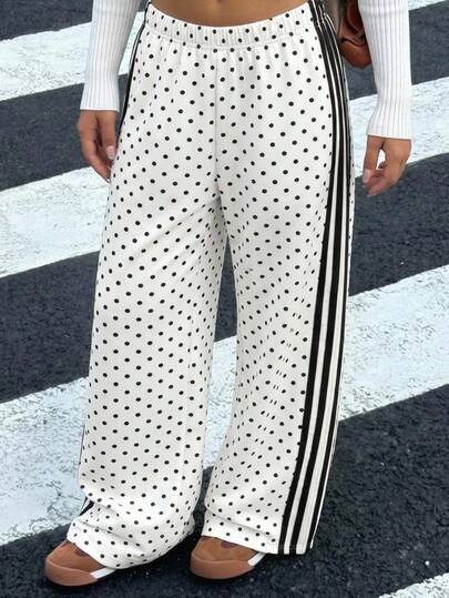 SHEIN Celana Pendek Rajut Retro Motif Polkadot Putih Bertali Serut, Nyaman, Kasual dan Modis untuk Anak Perempuan Remaja, Pakaian Jalanan Musim Dingin untuk Kembali ke Sekolah, Patchwork Pink