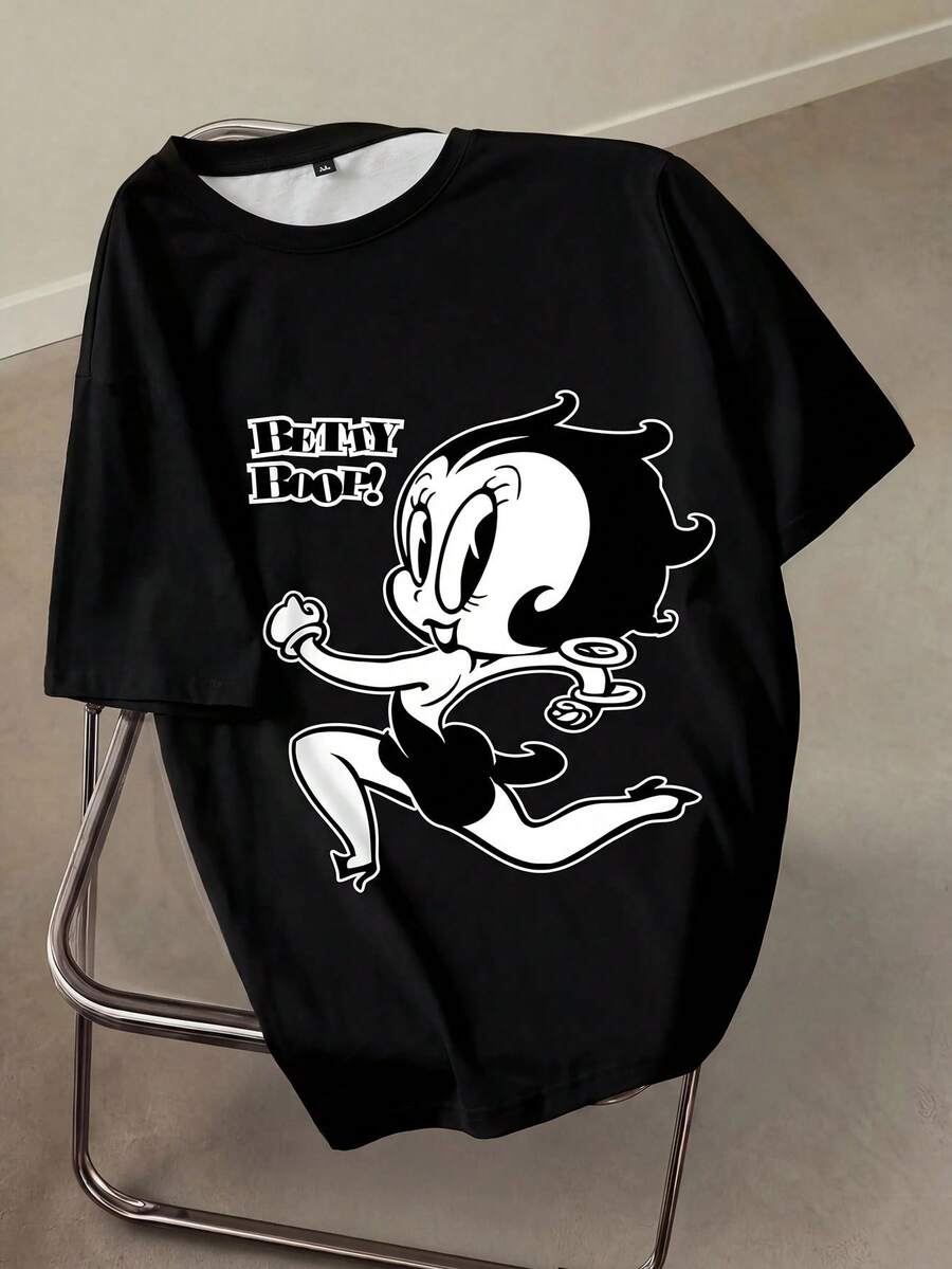 Betty Boop x SHEIN 大码女式休闲圆领T恤 - 白色 - 查看 1