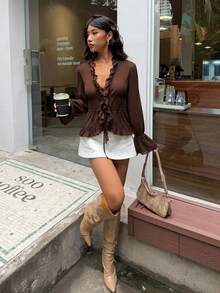 Aloruh Women's Solid Color Deep V-Neck Ruffle Trim Casual Versatile Daily Wear Blouse - Brown - View 7