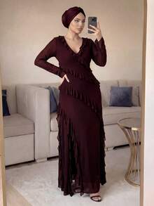 Auveirra Plus Size Women Solid Color V-Neck Pleated Casual Party Dress - Burgundy - View 5
