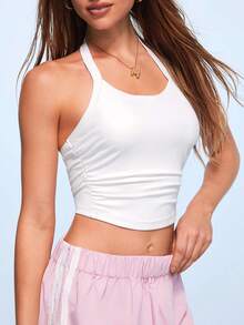 SHEIN Sovereign Charm 純色露背掛脖短版運動背心上衣 - 白色 - 查看 2