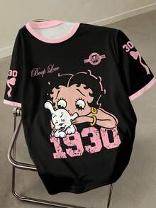 Betty Boop x SHEIN 大码撞色卡通人物图案圆领短袖T恤 - 白色 - 查看 1