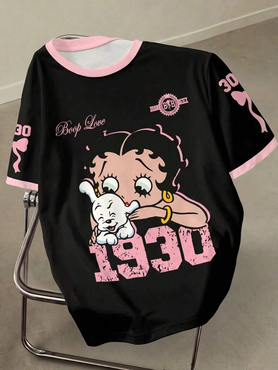 Betty Boop x SHEIN 大码撞色卡通人物图案圆领短袖T恤 - 白色 - 查看 1