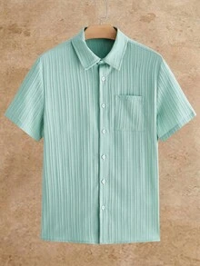 HIMLAND 男士薄荷綠短袖襯衫，經典領口設計，優雅風格，寬鬆休閒版型，簡約輕便 - 彩色 - 查看 3