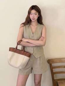 Tideelle Women Casual Commuter Solid Color Vest And Shorts 2 Pieces Set - Khaki - View 1