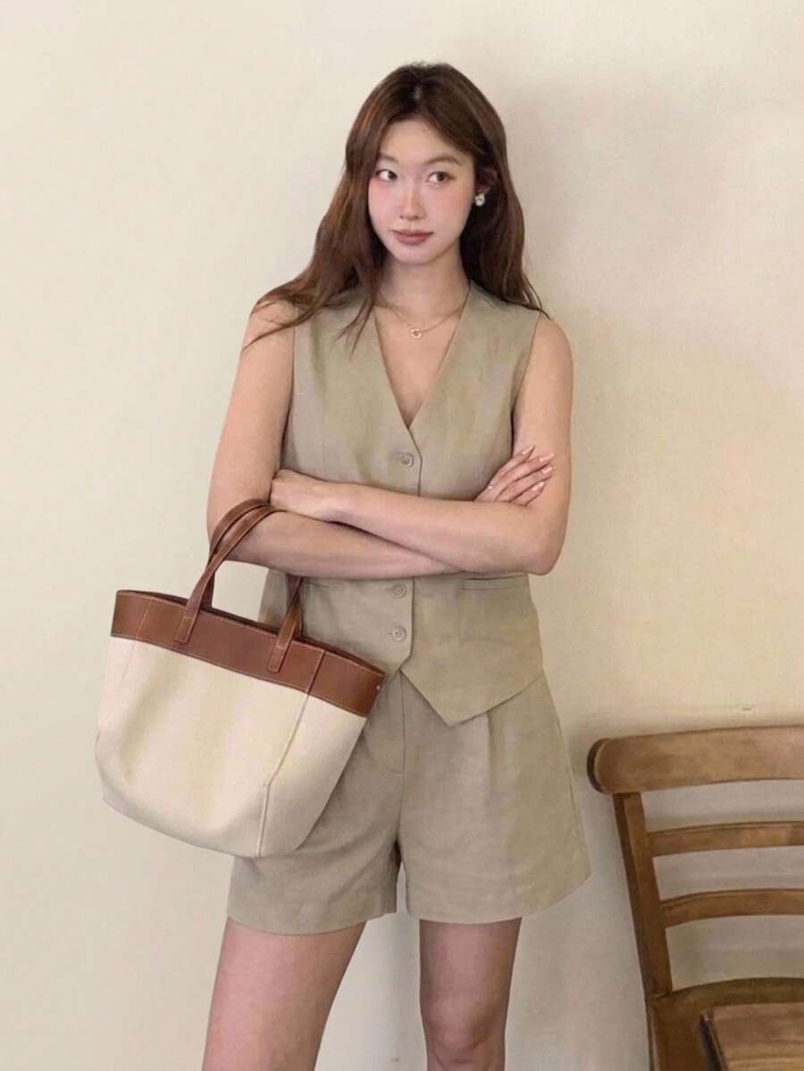Tideelle Women Casual Commuter Solid Color Vest And Shorts 2 Pieces Set - Khaki - View 1