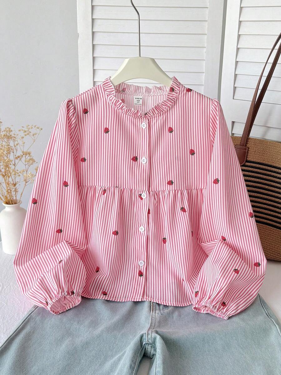 SHEIN 兒童青少年女孩休閒日常舒適寬鬆荷葉領上衣 - 粉色 - 查看 1