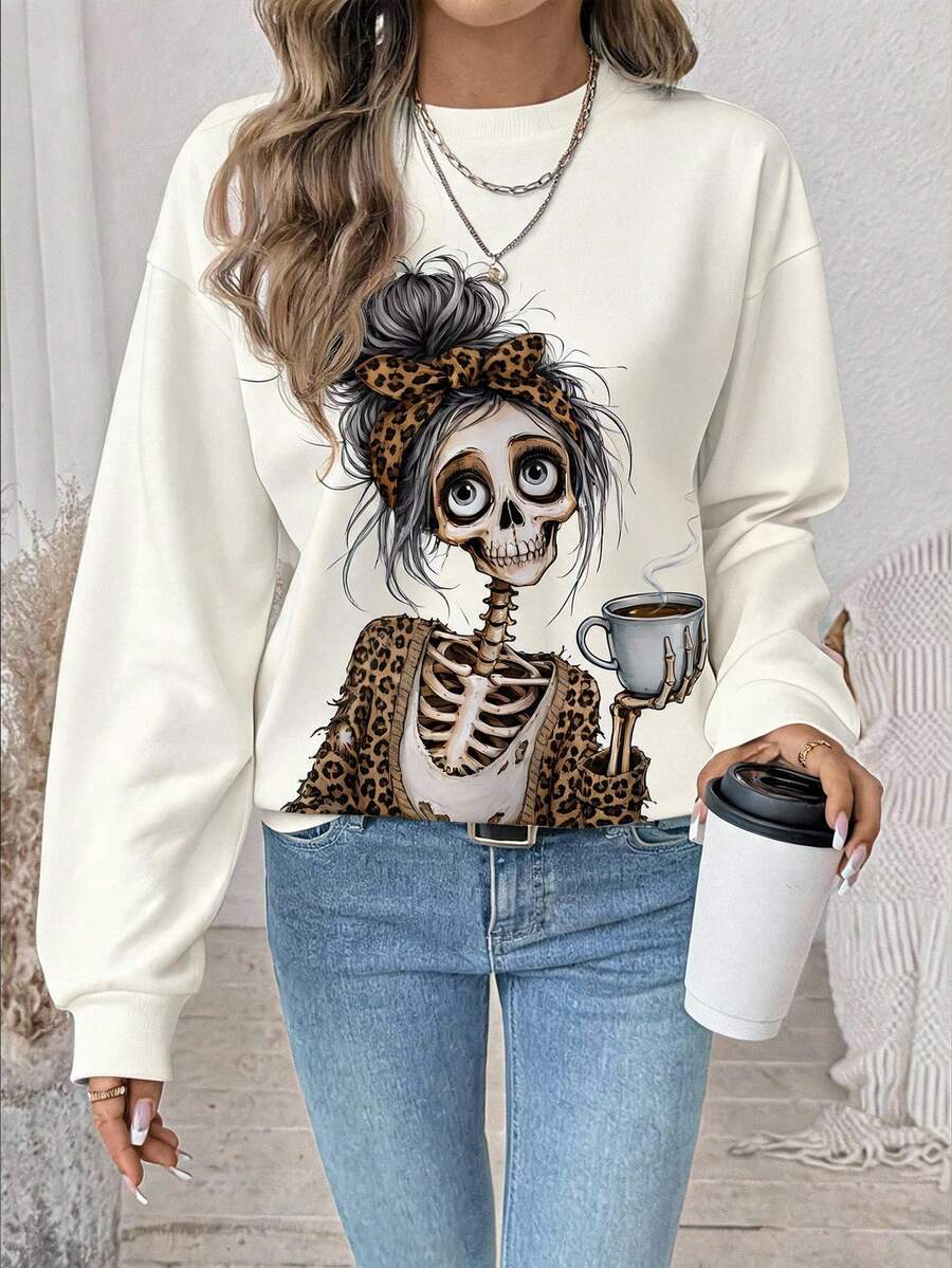 SHEIN LUNE Women's Cartoon Pattern Casual Daily Long Sleeve Sweatshirt - White - View 1