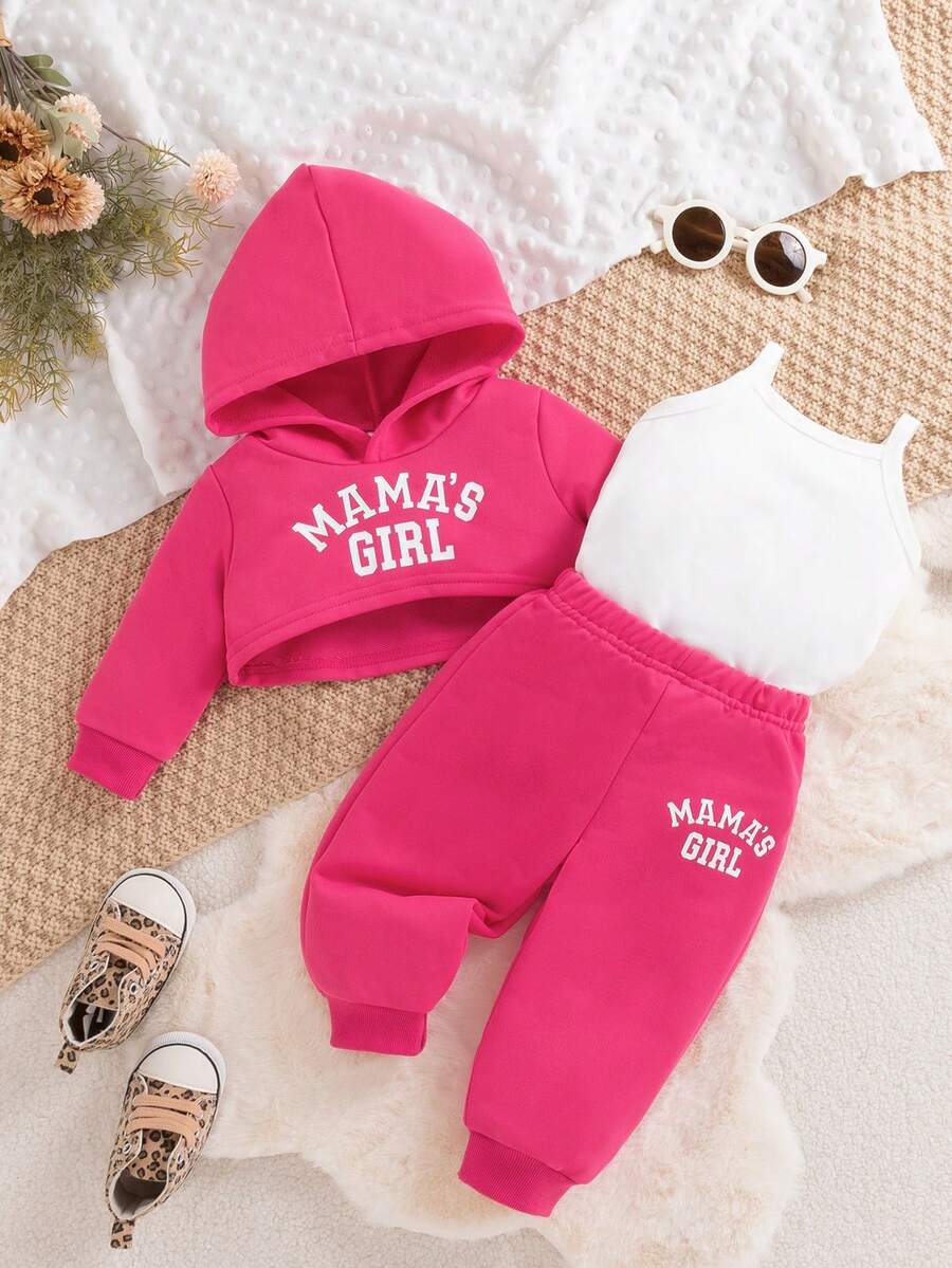 3pcs/Set Baby Girls Casual Sports Simple Sweatshirt Set, Spring Autumn - Hot Pink - View 1