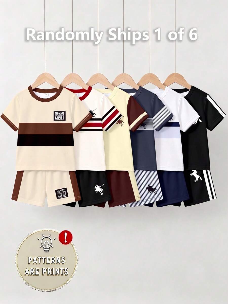 6 مجموعات عشوائية، إرسال مجموعة واحدة، طراز رياضي للأولاد الصغار، مفضل للصيف في الهواء الطلق، كتل لونية، مخطط، طباعة شعار بسيط، طقم تي شيرت وشورت، طراز بسيط كلاسيكي، عصري ومتعدد الاستخدامات، مناسب للرياضة والأنشطة الخارجية في الربيع والصيف - متعدد الألوان - مشاهدة 1