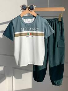SHEIN Kids Boys New Casual Minimalist Style Letter Print Round Neck Short Sleeve & Long Pants 2-Piece Set, Suitable For Summer, Spring, Autumn, Winter, Blue - Multicolor - View 4