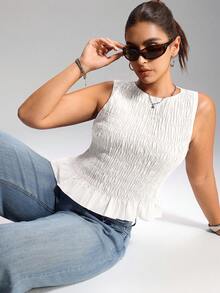 LYSMO Plus Size Summer Boho Women's Elastic Ruched Spaghetti Strap Tank Top - White - View 5