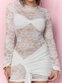 Dania Mndz Shop White Floral,Summer,Seductive,Party Sheer Long Sleeve Ribbon Dress,Holiday Cocktail Night Out Club Wear,Valentine's Day Women Elegant - White - View 3