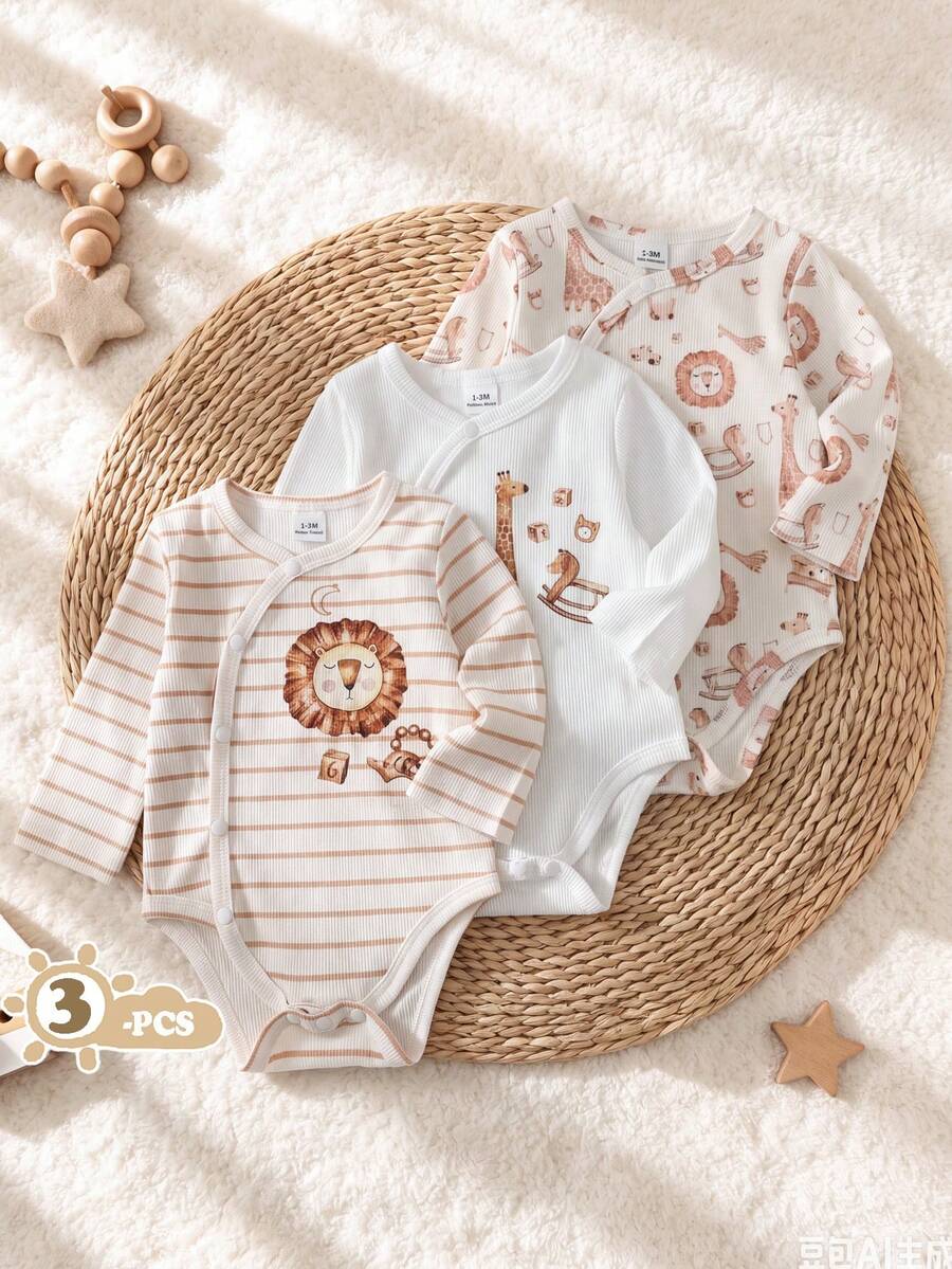 SHEIN Vintaside Kids 新生兒春秋款白色純色交叉前襟舒適可愛趣味優雅極簡時尚長袖彈性連身衣多件套裝 - 彩色 - 查看 1