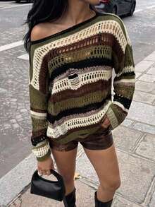 SHEIN ICON Women's Olive Green Dropped Shoulder Long Sleeve Distressed Knit Sweater Everyday Going Out Holiday Autumn Grunge Streetwear - Multicolor - View 3