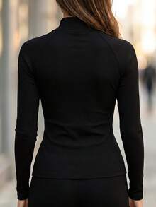 SHEIN Pure Black Textured Vertical Stripe Stand Collar Half-Zip Metal Ring Zipper Long Sleeve T-Shirt, Raglan Split Cut Slim Fit Cinched Waist Cropped Silhouette, Body-Flattering Daily Commute Base Layer - Black - View 2