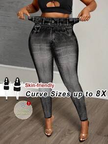SHEIN CURVE+ Plus Size Denim Effect Leggings Music Festivals Office Business Black Ripped, Fall Winter 2026 22W - Multicolor - View 2