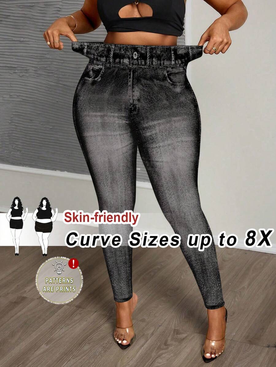 SHEIN CURVE+ Plus Size Denim Effect Leggings Music Festivals Office Business Black Ripped, Fall Winter 2026 22W